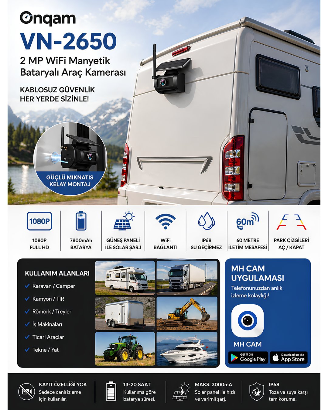 Onqam VN-2650W 2MP 1080P WiFi Manyetik Bataryalı Solar Araç Kamera IP68 özellikleri