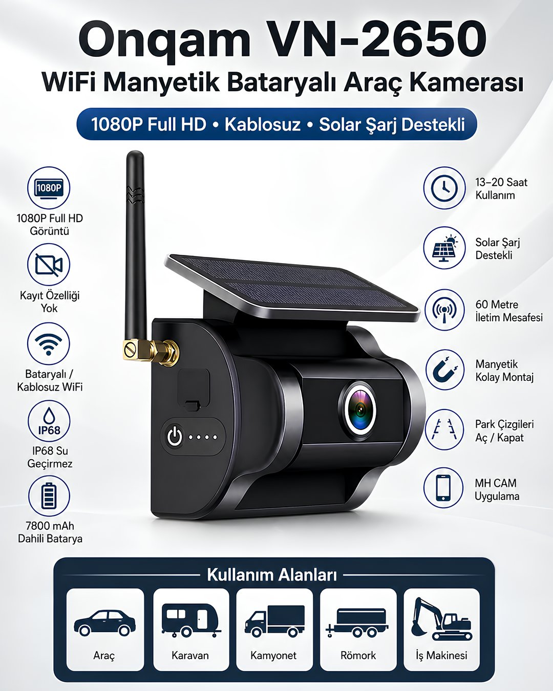 Onqam VN-2650W 2MP 1080P WiFi Manyetik Bataryalı Solar Araç Kamera IP68 model ve fiyatları