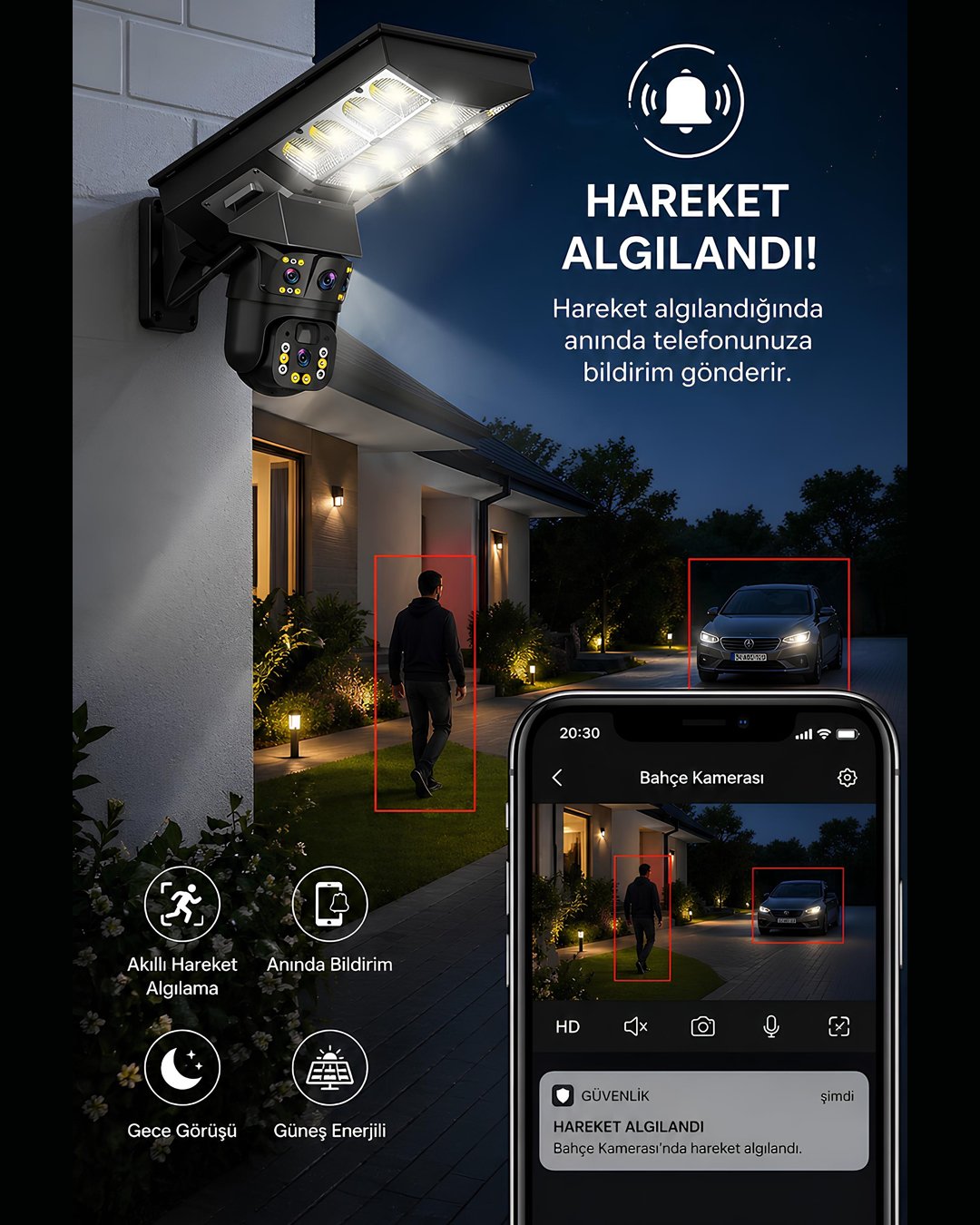 Onqam VN-80SWF 6MP Çift Kameralı Solar Sokak Lambalı WiFi Güvenlik Kamerası, 7-24 İzleme, PIR Sensör, Alarm hareket algılama özelliği