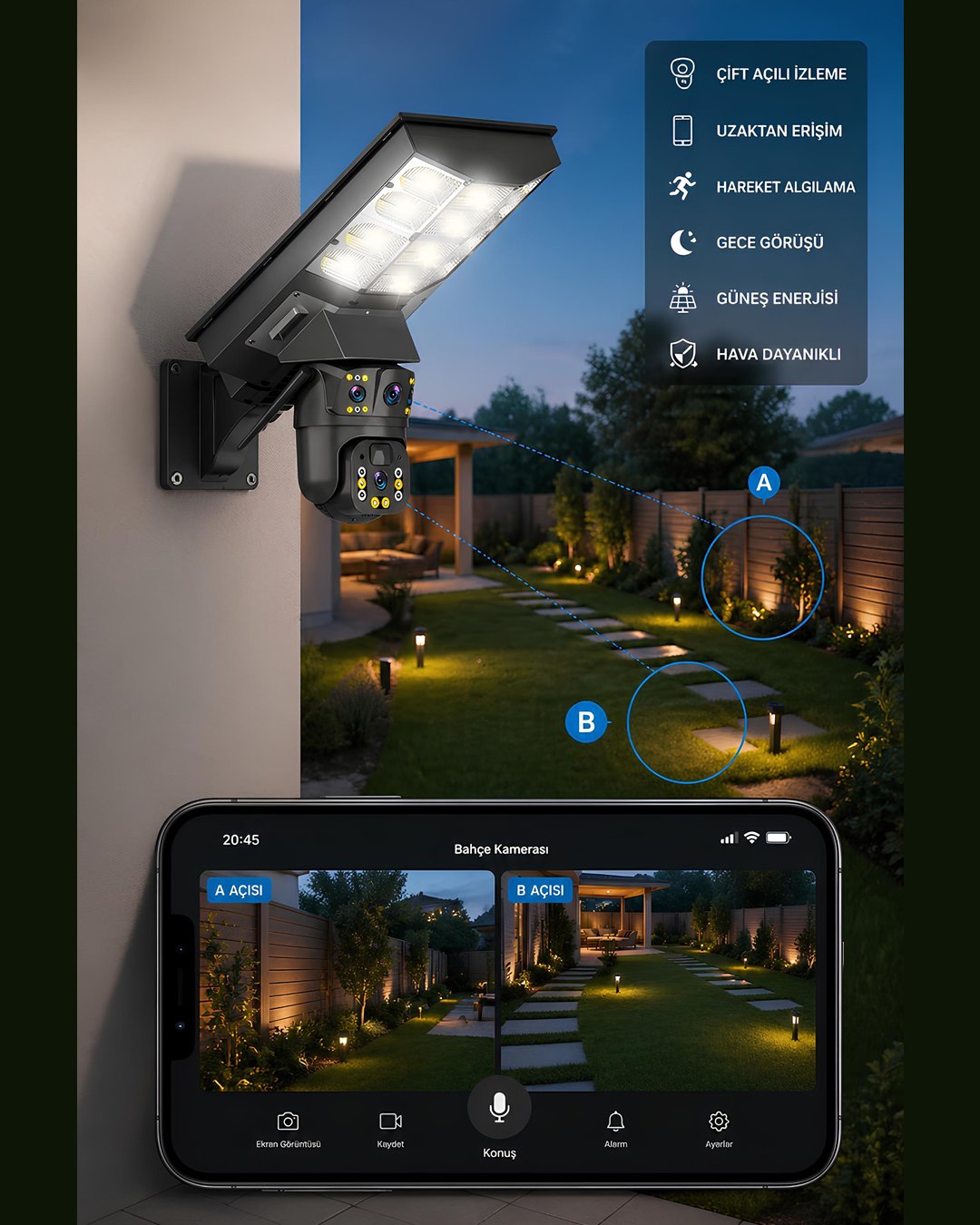 Onqam VN-80SWF 6MP Çift Kameralı Solar Sokak Lambalı WiFi Güvenlik Kamerası, 7-24 İzleme, PIR Sensör, Alarm model ve fiyatları