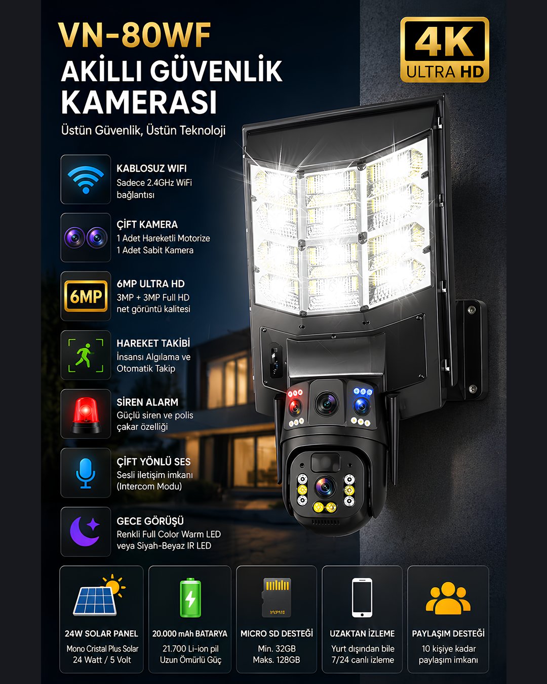 Onqam VN-80SWF 6MP Çift Kameralı Solar Sokak Lambalı WiFi Güvenlik Kamerası, 7-24 İzleme, PIR Sensör, Alarm özellikler