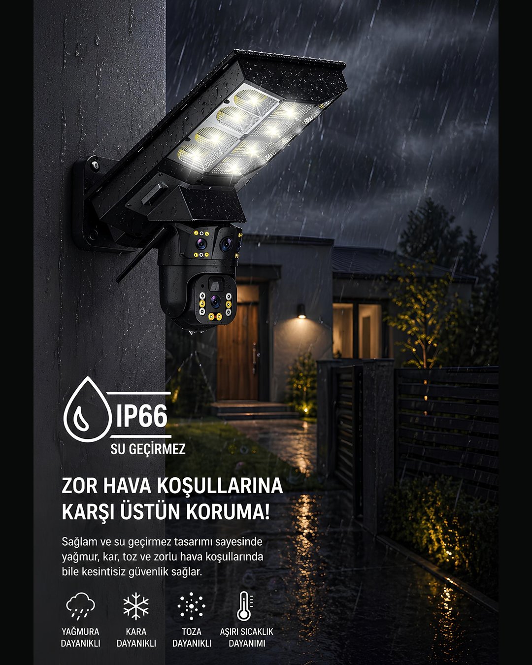 Onqam VN-80SWF 6MP Çift Kameralı Solar Sokak Lambalı WiFi Güvenlik Kamerası, 7-24 İzleme, PIR Sensör, Alarm su geçirmez özelliği