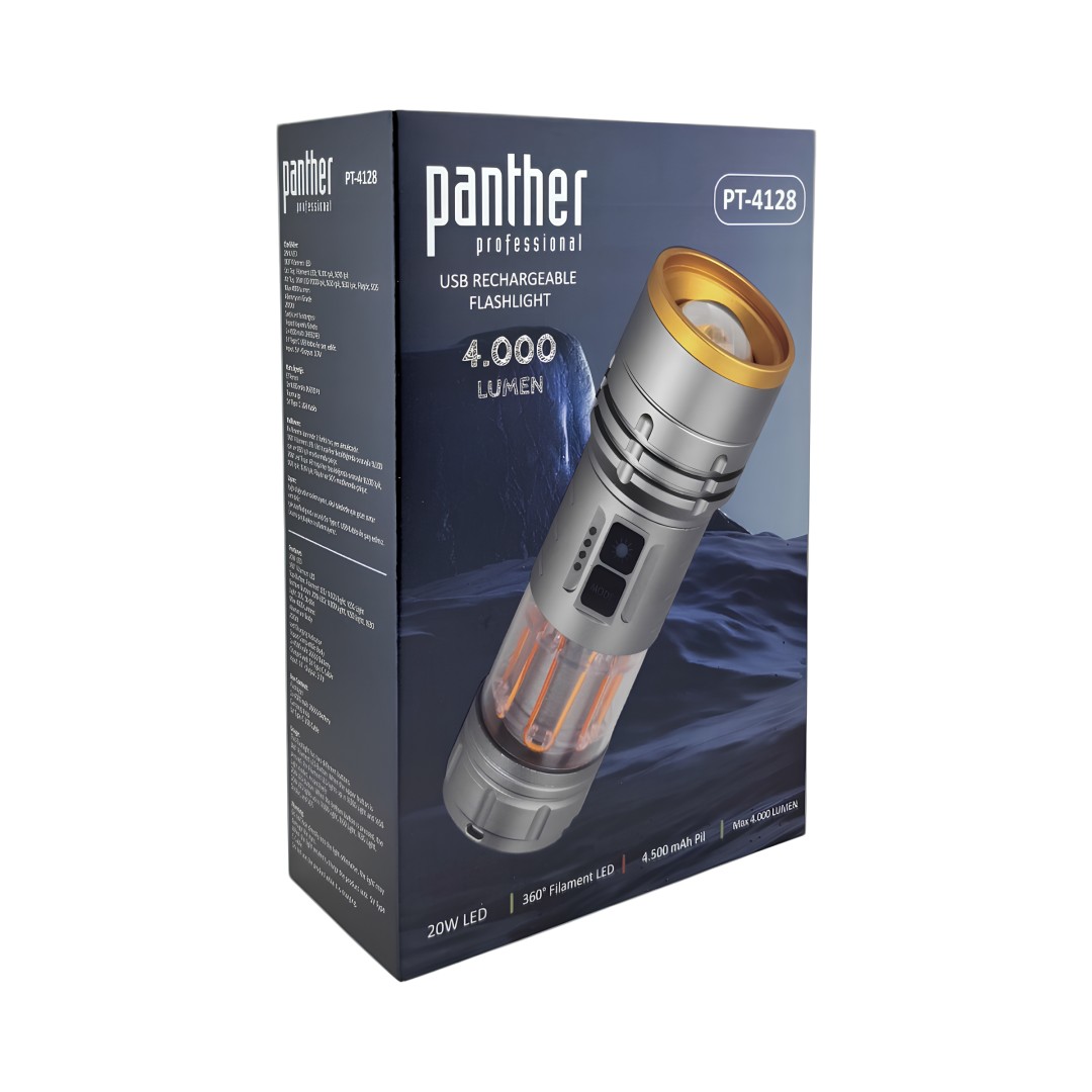 Panther Pt 4128 4000 Lumen Usb Sarjli Cift Led El Feneri Kutu Icerigi