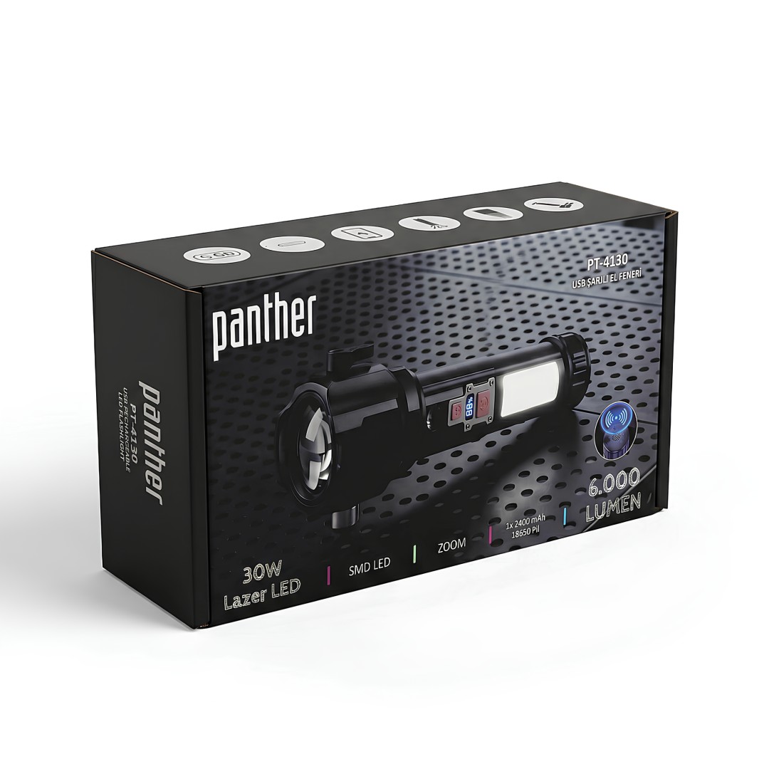 Panther Pt 4130 30w Beyaz Lazer Led Sarjli El Feneri Kutu Icerigi