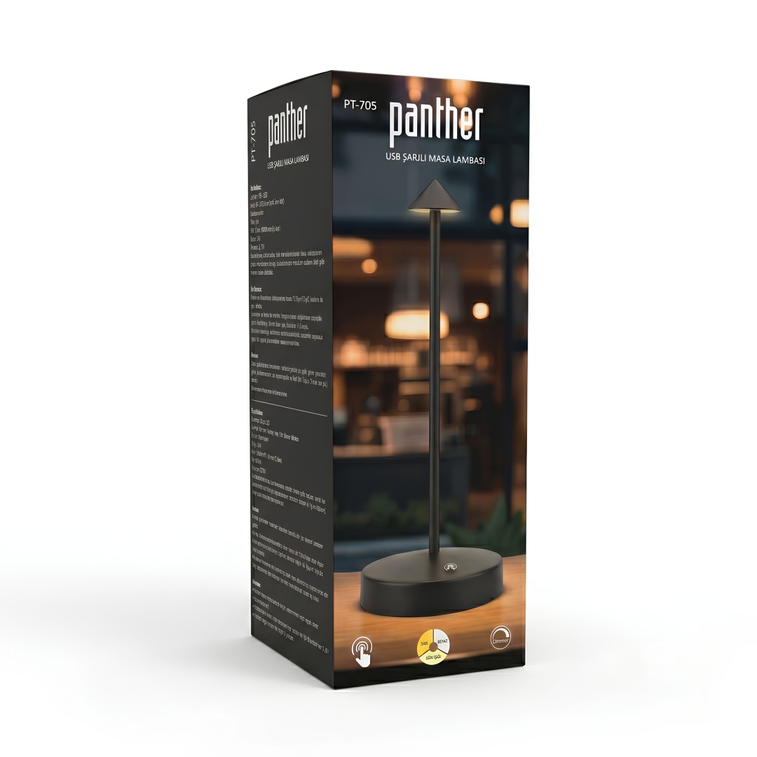 Panther Pt 705 Usb Sarjli Dokunmatik Masa Lambasi Siyah Kutu Icerigi
