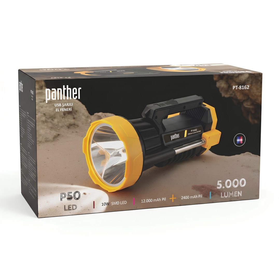 Panther Pt 8162 5000 Lumen Cift Led Usb Sarjli El Feneri Kutu Icerigi