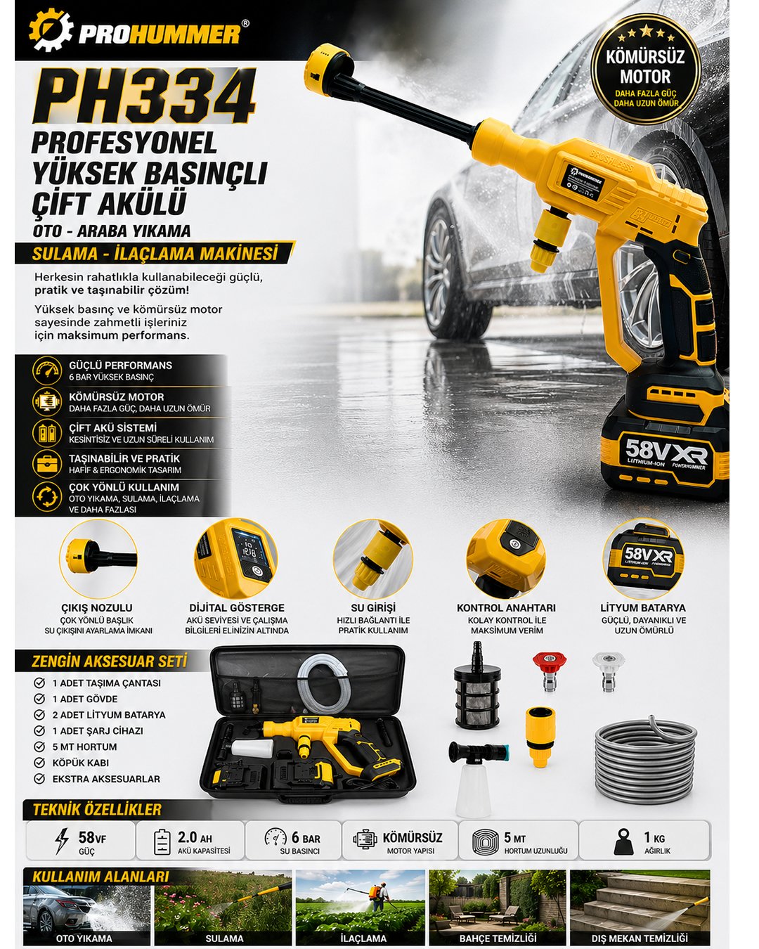 Prohummer PH334 Profesyonel Kömürsüz Yüksek Basınçlı Çift Akülü Oto Araba Yıkama, Sulama, İlaçlama Makinesi, Araç Yıkama model ve fiyatlar