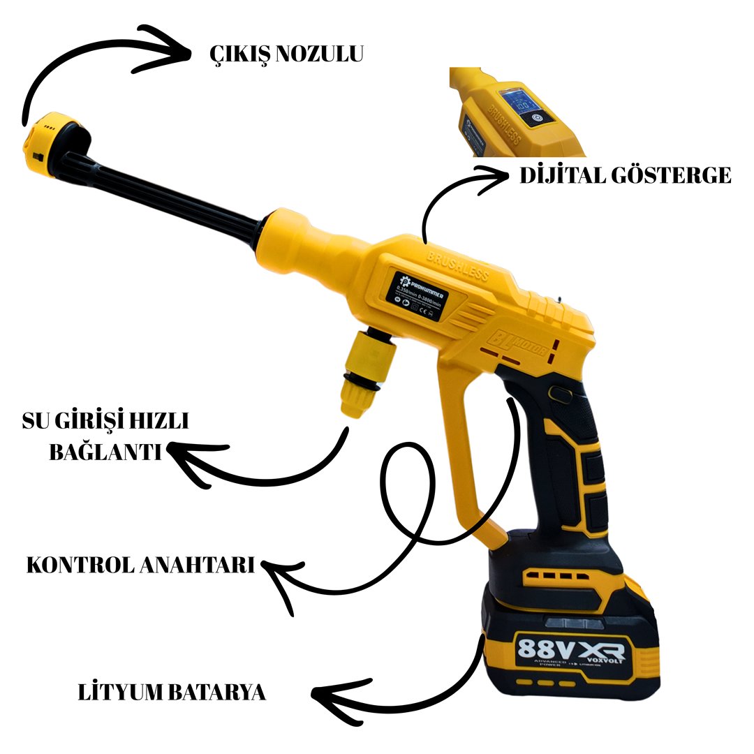 Prohummer PH334 Profesyonel Kömürsüz Yüksek Basınçlı Çift Akülü Oto Araba Yıkama, Sulama, İlaçlama Makinesi, Araç Yıkama özellikleri