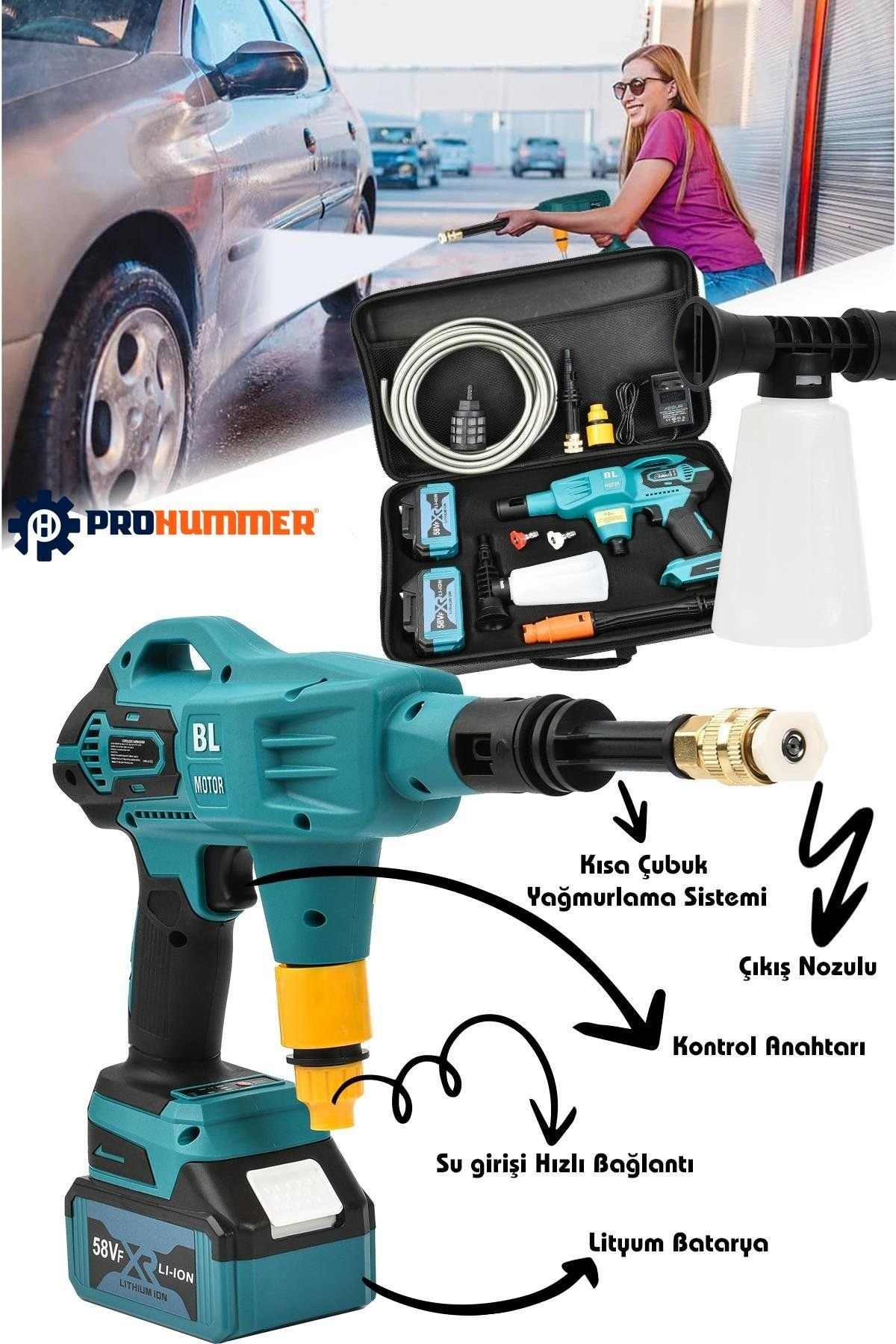 Prohummer PH224 Profesyonel Kömürsüz 58vf Yüksek Basınçlı Çift Akülü Oto Araba Yıkama Makinesi