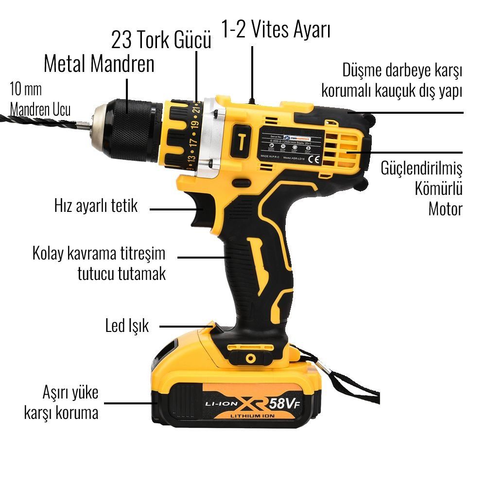 Prohummer PHSM190 Akülü 58vf Lazer Terazi ve Vidalama Matkap Seti (Sarı) teknik özellikleri