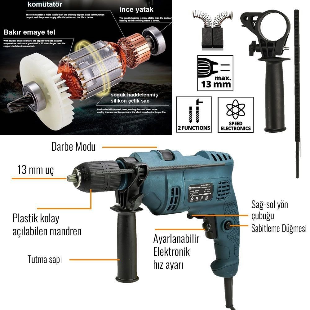 Prohummer PH016 Elektrikli 13mm Darbeli Matkap Mavi ÖZELLİKLER