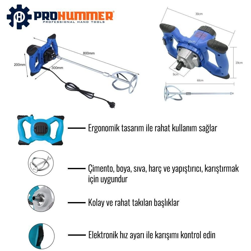 Prohummer PH-K013 Elektrikli Harç Karıştırıcı 1600w (Mavi) özellikleri