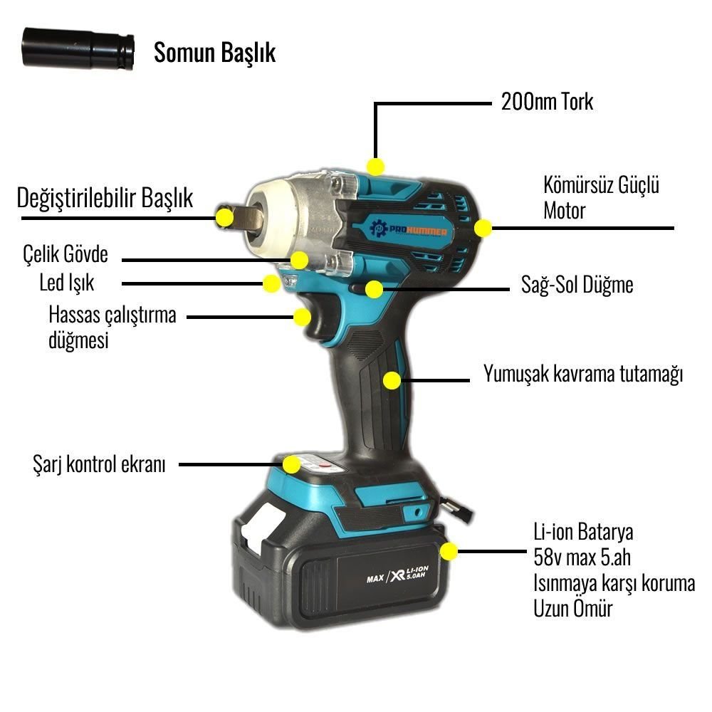 Prohummer PH-SM009 58w 5ah kömürsüz şarjlı somun sıkma (Mavi) özellikleri