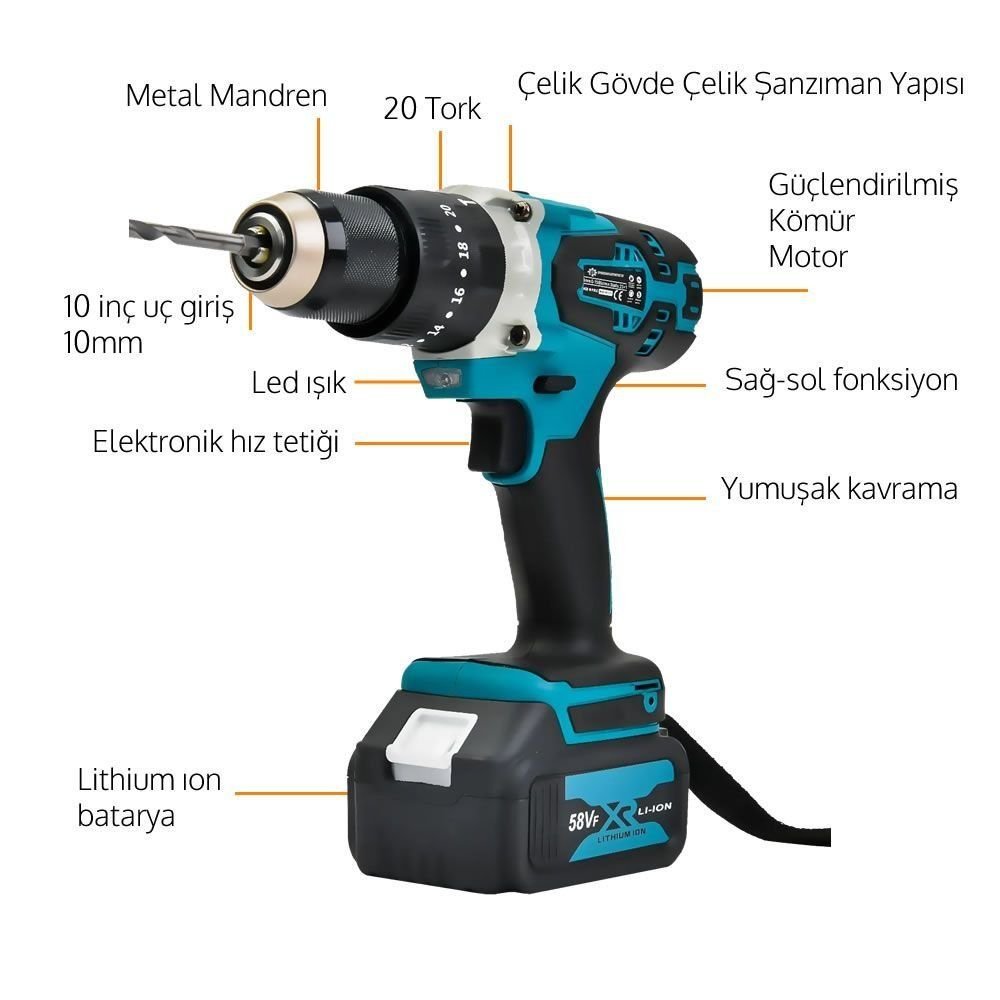 Prohummer PH-SM093 Profesyonel Şarjlı Ultra 4lü Set Takımı Kırıcı Delici Somun Sıkma ve Vidalama Matkap 58vf model ve fiyatlar