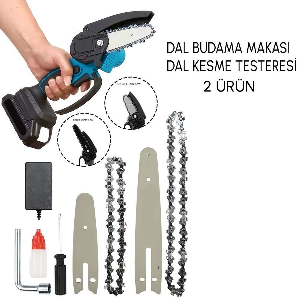 Prohummer PH-TS0101 2Li Set 58 Vf 5 Ah Çift Akülü Çelik Şanzıman Şarjlı Dal Budama ve Testeresi (Mavi) özellikleri