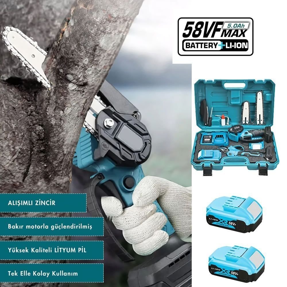 Prohummer PH-TS0101 2Li Set 58 Vf 5 Ah Çift Akülü Çelik Şanzıman Şarjlı Dal Budama ve Testeresi (Mavi) kullanım özelliği