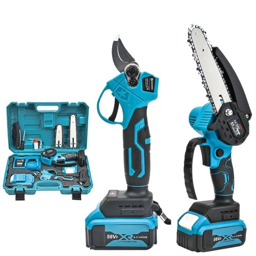 Prohummer PH101 Şarjlı 2li Bahçe Seti - 58 Vf 5 Ah Çift Akülü Çelik Şanzıman Şarjlı Dal Budama ve Testeresi (Mavi)