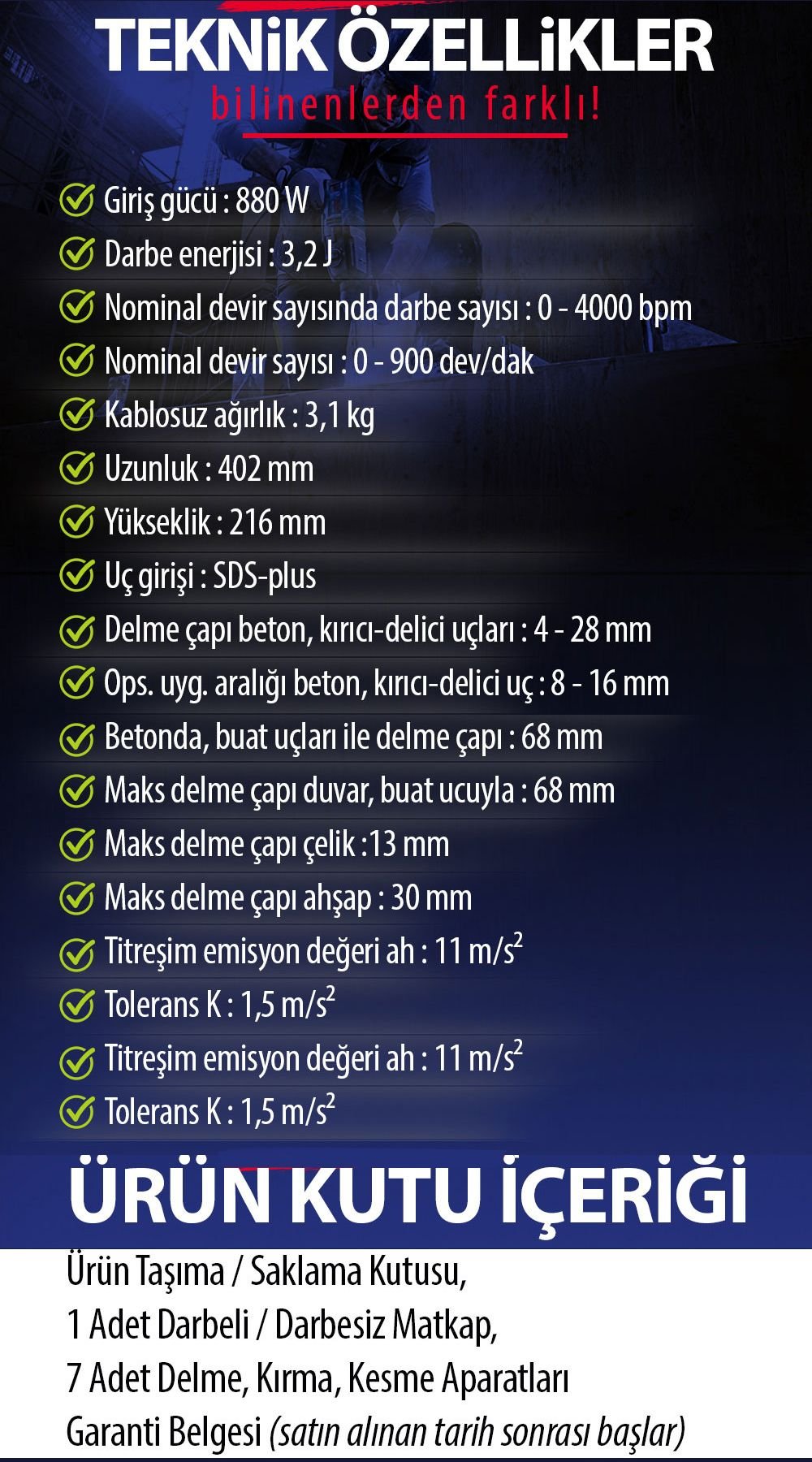 Prohummer PH004 Professional Kırıcı Delici Hilti 880W (Mavi) teknik özellikler
