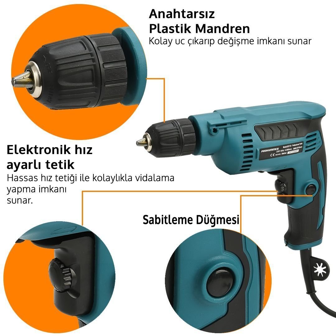 Prohummer PH002 Elektrikli Darbesiz Vidalama Matkap 10mm 580W Mavi kullanımı