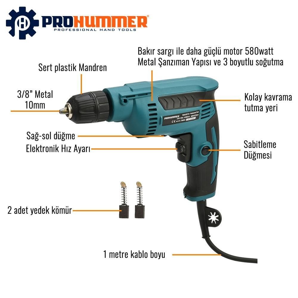 Prohummer PH002 Elektrikli Darbesiz Vidalama Matkap 10mm 580W Mavi teknik özellikler