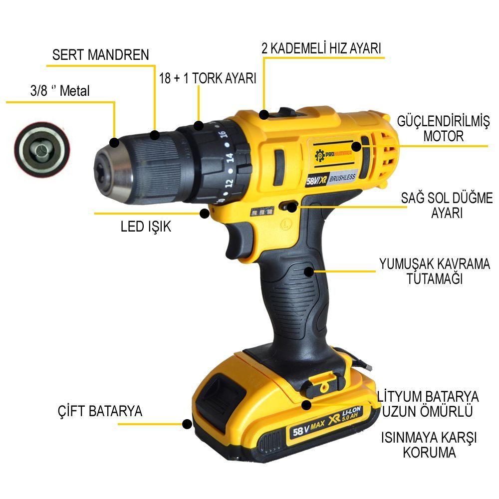 Prohummer PH196 Darbesiz 24 Parça 58vf Max Şarjlı Vidalama Matkap Seti özellikler