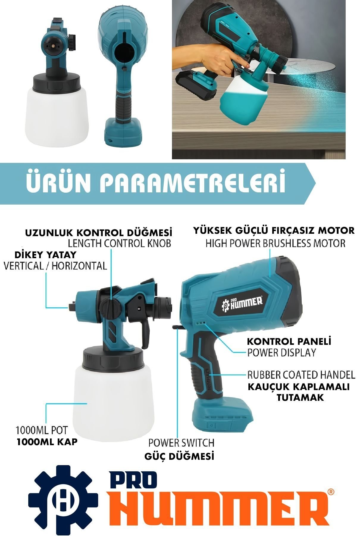 Prohummer PH200 Yüksek Basınçlı Çift Akülü Sprey Boya Püskürtme Tabancası (Mavi) Kullanımı