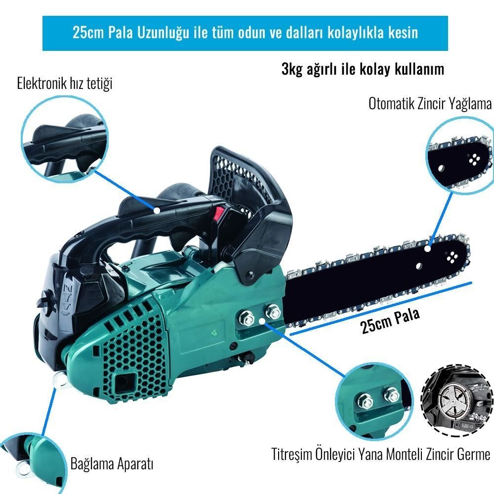 Prohummer PH217 25cc Portatif Mini Benzinli Testere Ağaç Odun Dal Budama Ve Kesme Testeresi Ağaç Kesme Motoru özellikleri