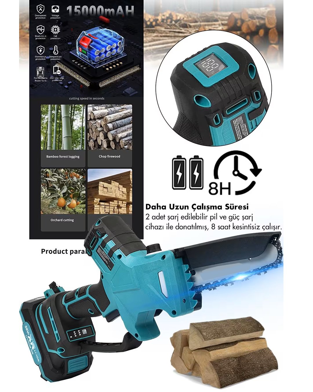 Prohummer EEA363 Otomatik Yağlamalı Dijital Göstergeli Şarjlı El Testeresi Ağaç Odun Dal Kesme Budama Çift Batarya 15cm Pala 58Vf teknik özellikler
