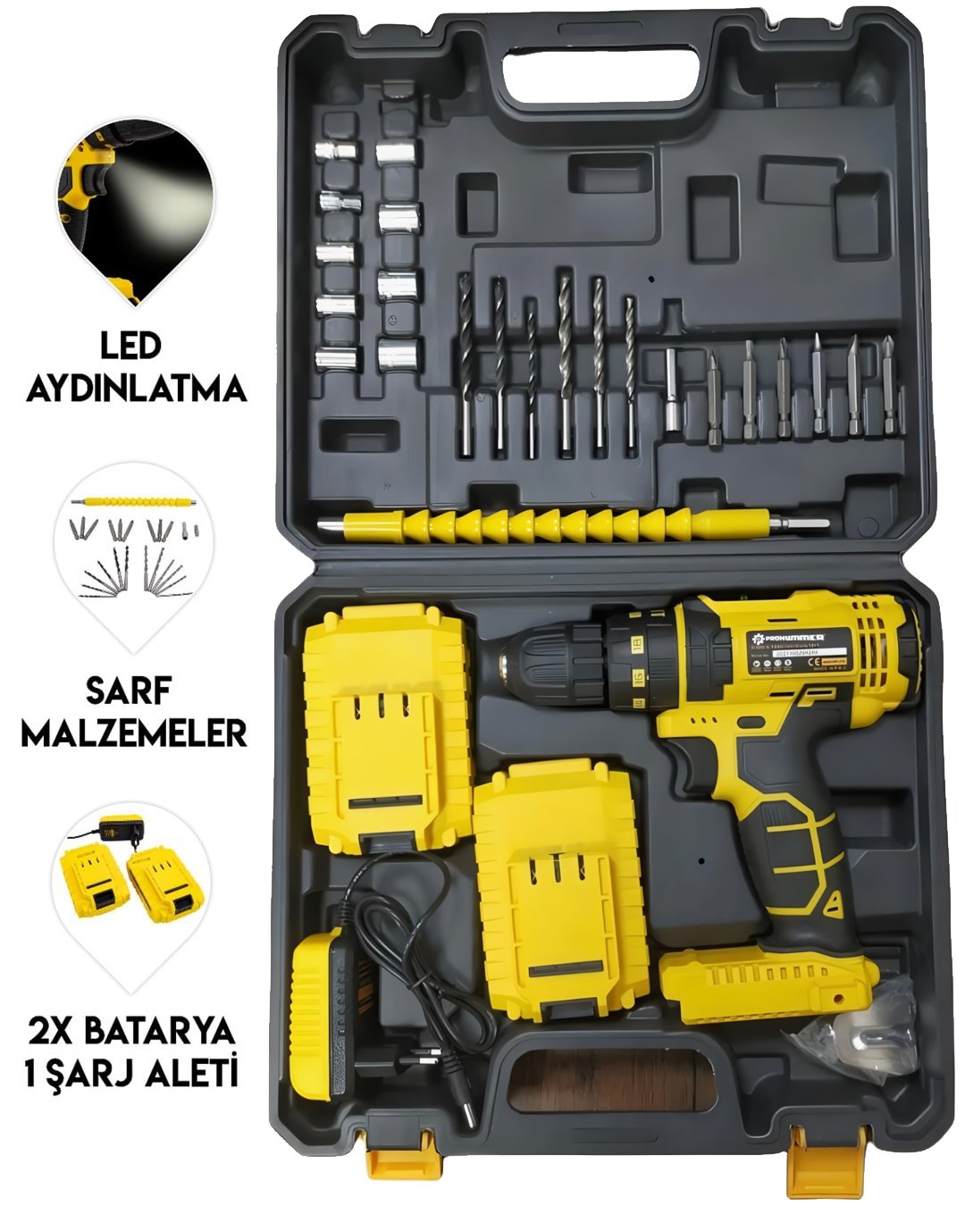 Prohummer PH249 Akülü Plastik Mandren Darbesiz 58vf Vidalama Matkap Seti (Sarı) çantası