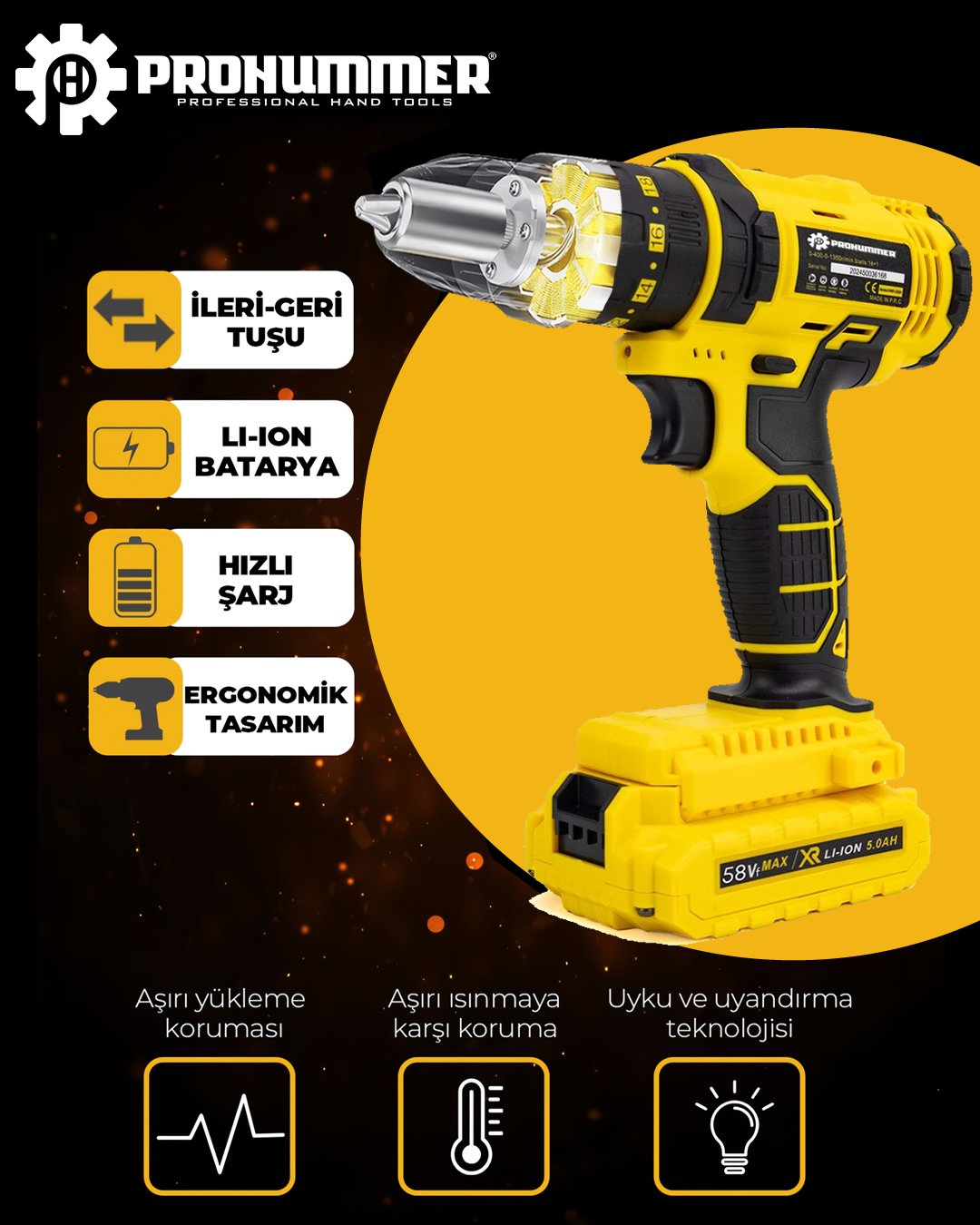Prohummer PH249 Akülü Plastik Mandren Darbesiz 58vf Vidalama Matkap Seti (Sarı) kullanımı