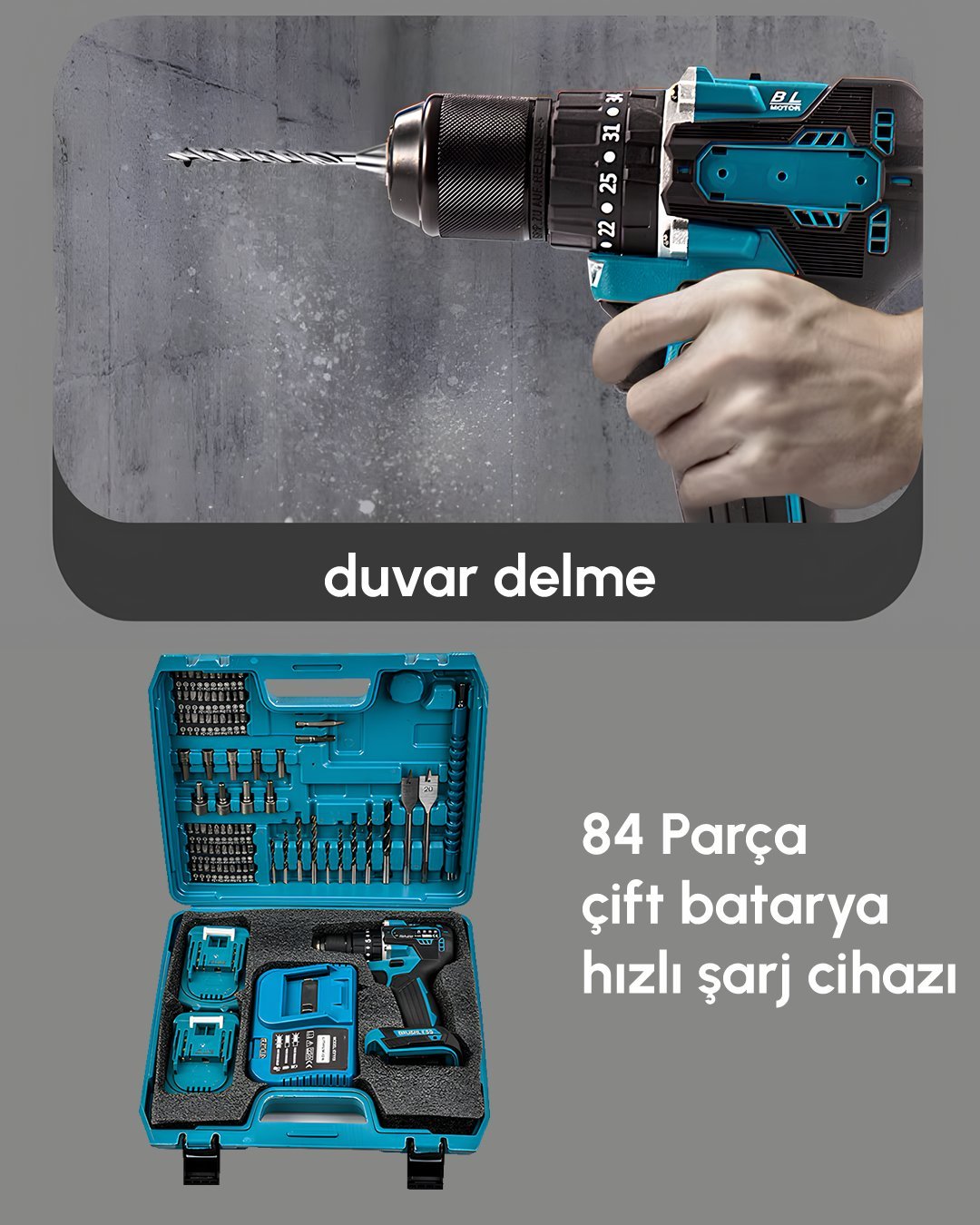 Prohummer PH251 Kömürsüz 58vf 5ah Çelik Gövde Çelik Şanzıman Bakır Sargılı 5 Pilli Çift Akülü Vidalama Şarjlı Matkap 84 Parça çantası