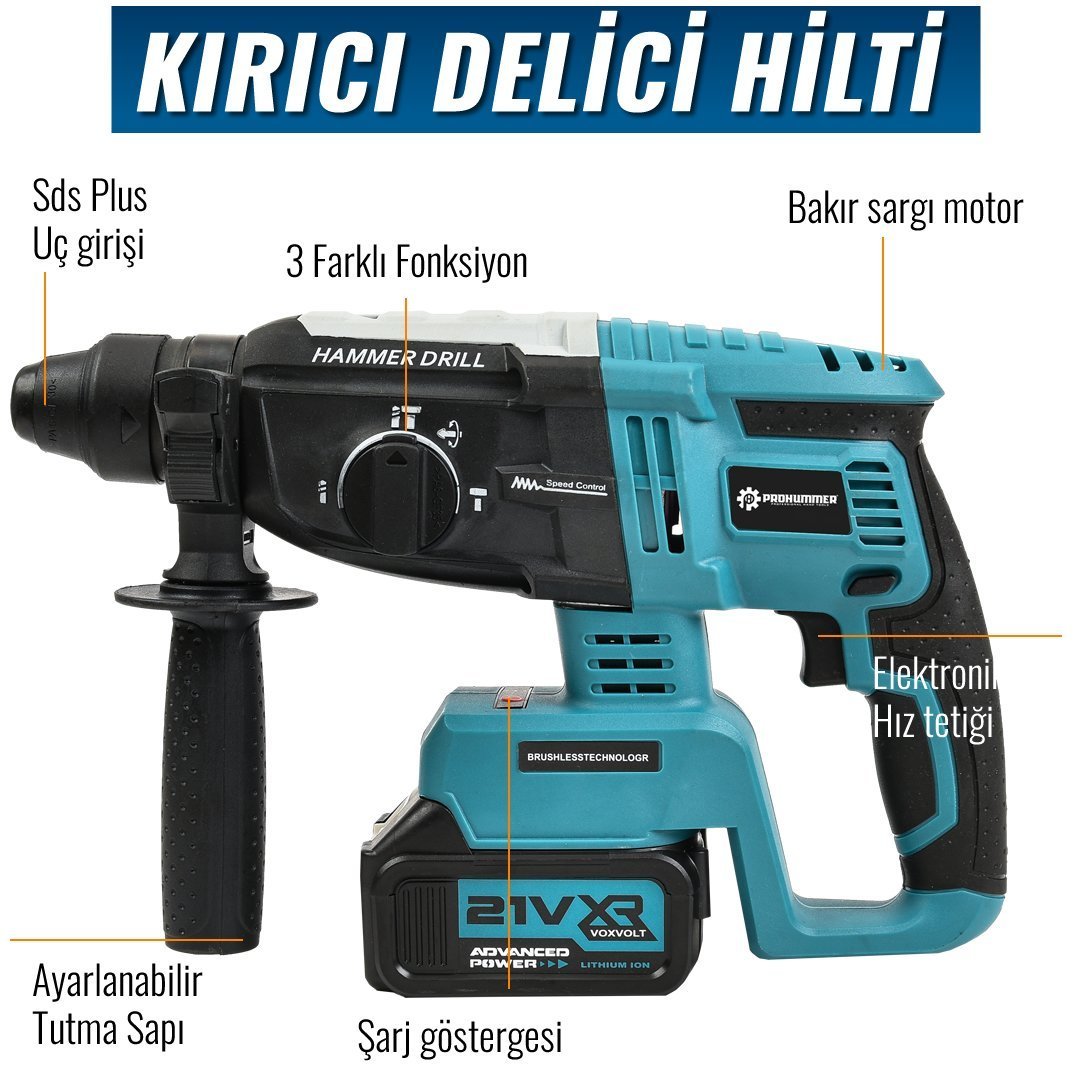 Prohummer PH252 Profesyonel Akülü Süper 5li Set Makina 88vf 5ah Kırıcı delici özellikleri