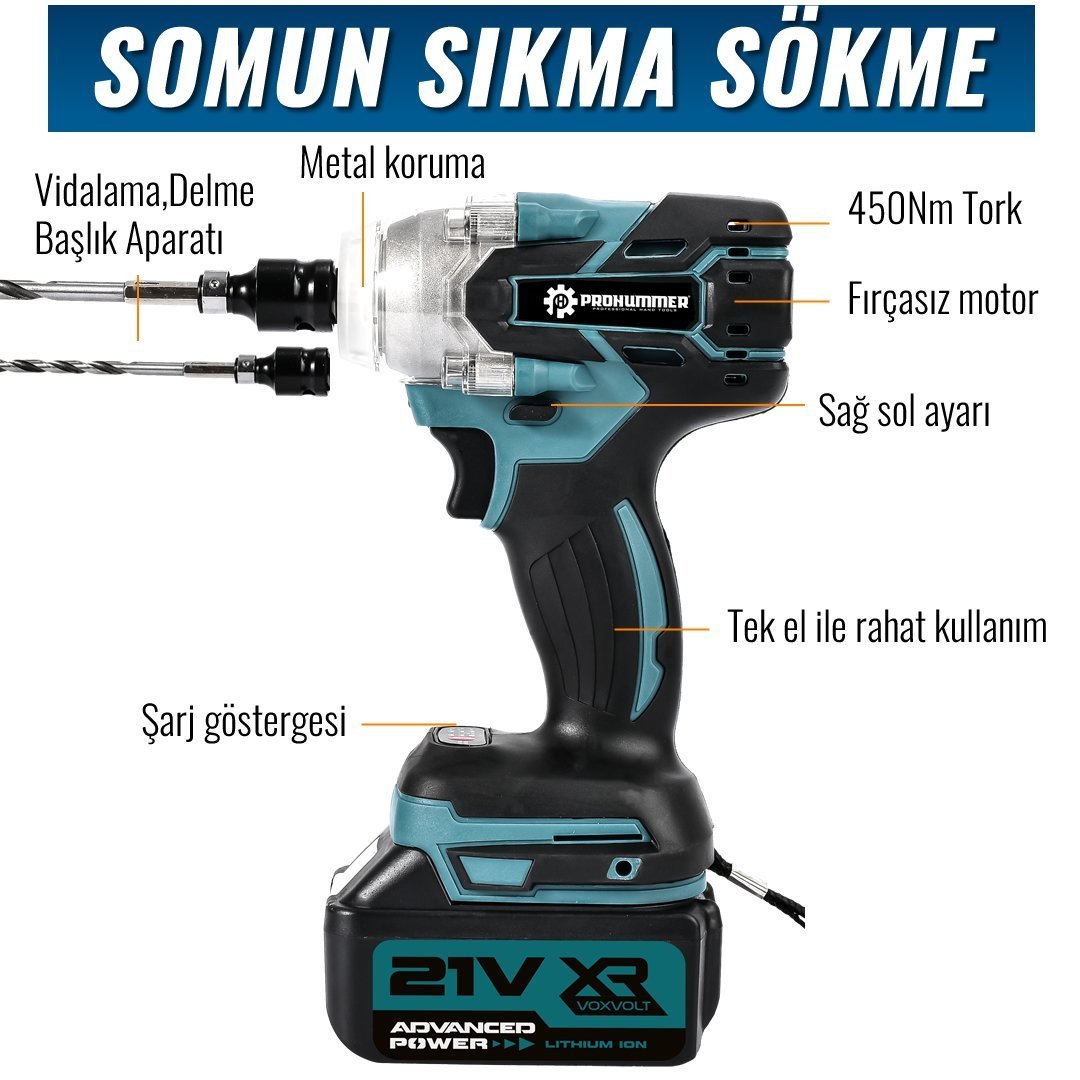 Prohummer PH252 Profesyonel Akülü Süper 5li Set Makina 88vf 5ah somun sıkma özellikleri