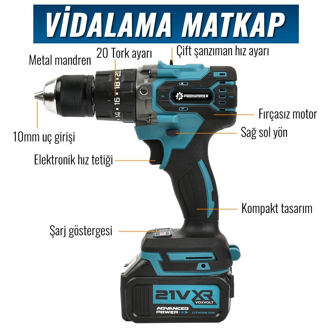 Prohummer PH252 Profesyonel Akülü Süper 5li Set Makina 88vf 5ah 15cm vidalama matkap özellikleri