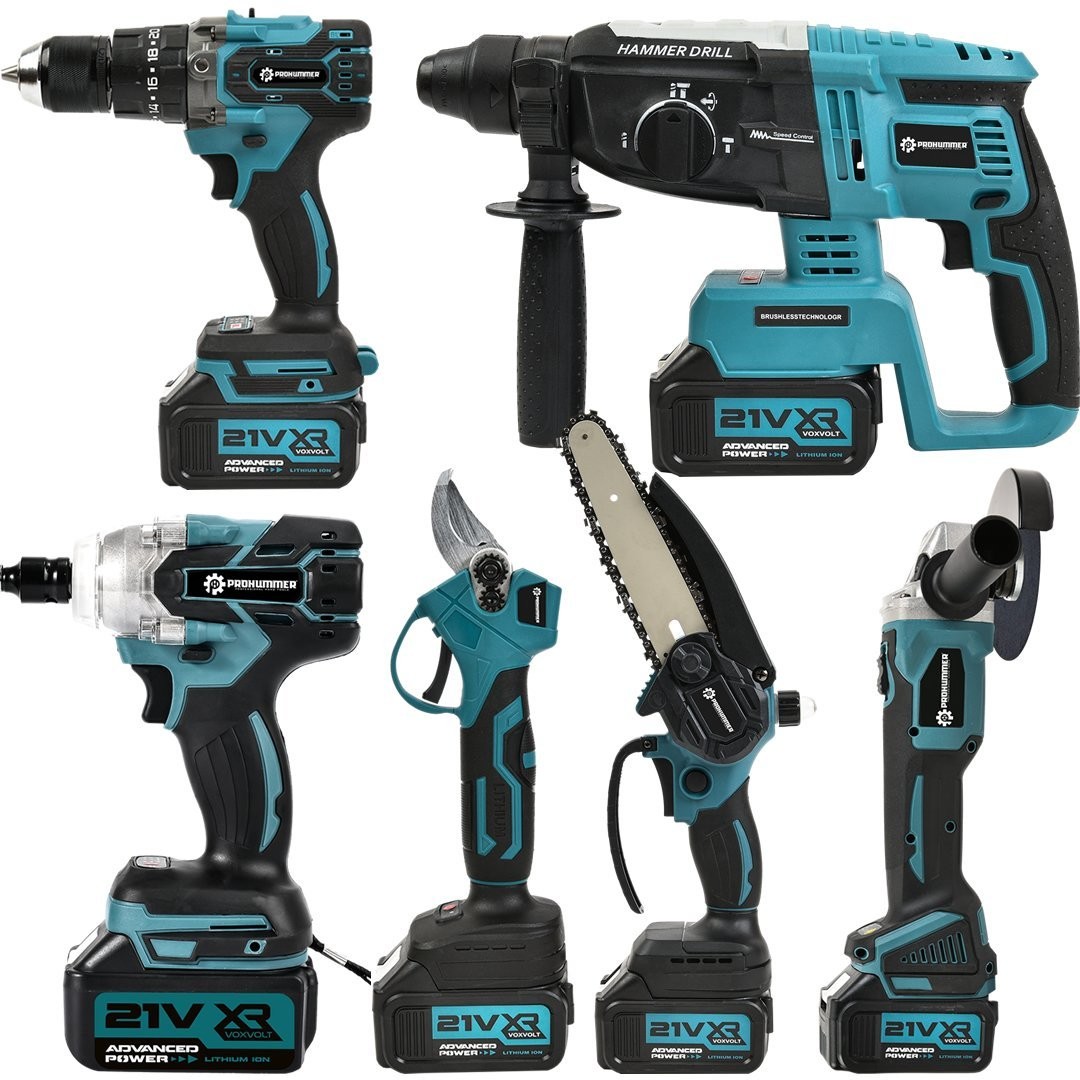 Prohummer PH253 Profesyonel Akülü Süper 6lı Set Makina Seti - 125mm Avuç Taşlama, Sds Plus Kırıcı Delic, Somun Sıkma Sökme, Vidalama Matkap, Budama Testere, Budama Makası