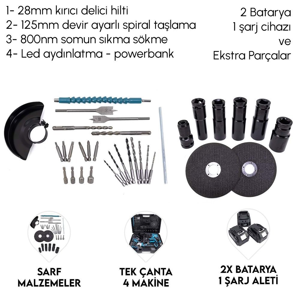 Prohummer PH279 Akülü Kömürsüz 3IN1 Set Makine (800Nm Somun Sökme, Kırıcı Delici , 125mm Avuç Taşlama, Powerbank ve Led) 88Vf 10P PARÇALAR