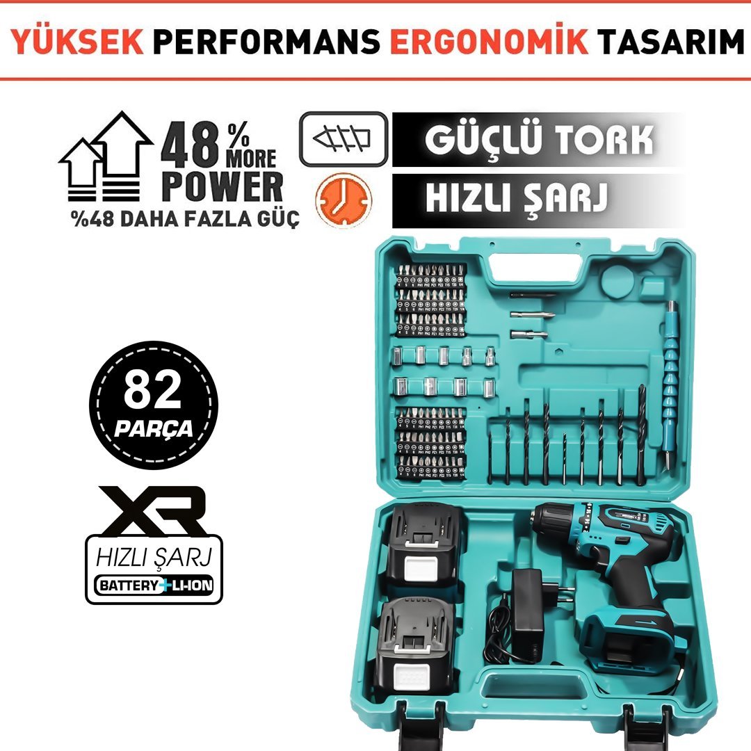 Prohummer PH282 Kömürsüz 88Vf Akülü Kömürsüz 82 Parça Vidalama Matkap Seti (Mavi) bataryalar
