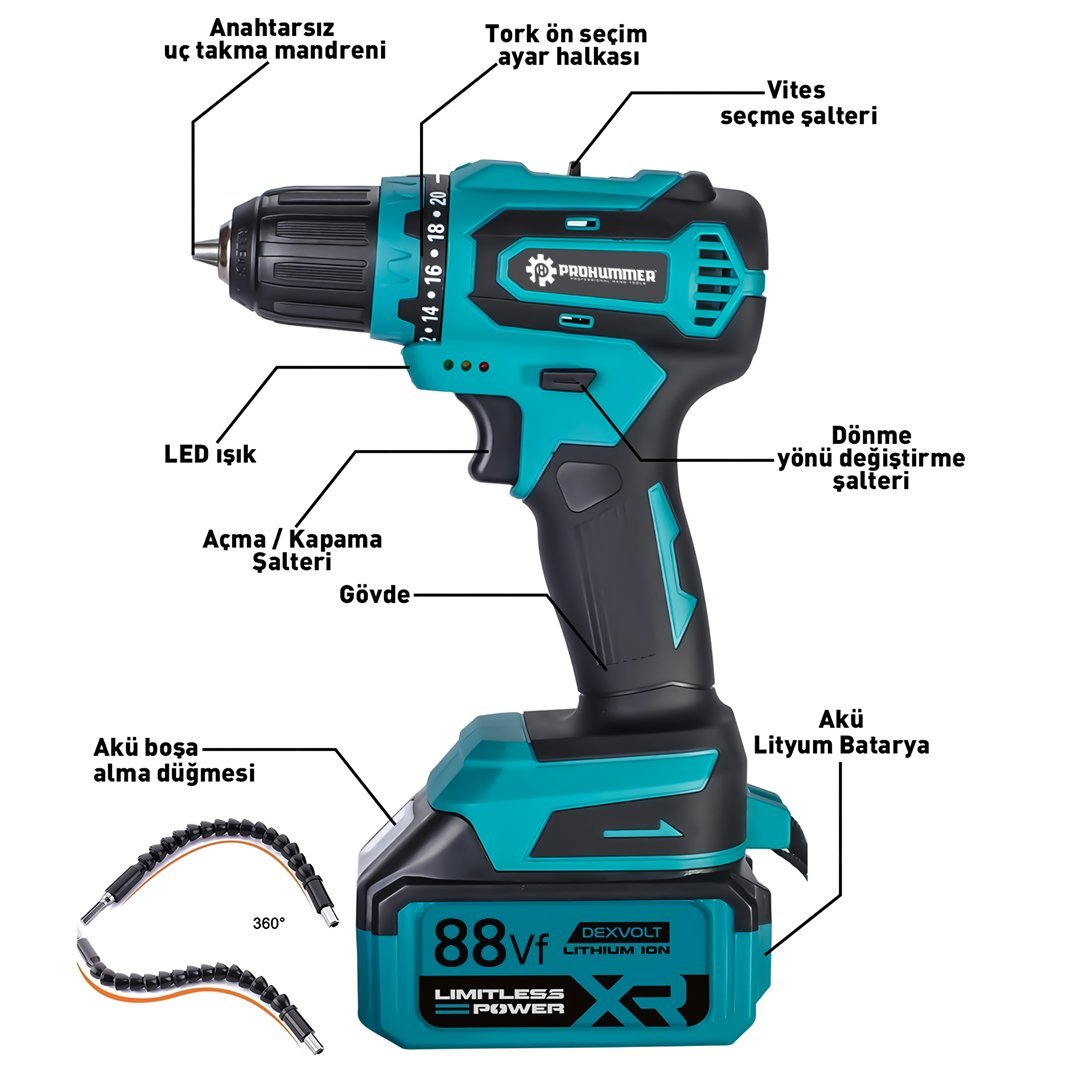 Prohummer PH282 Kömürsüz 88Vf Akülü Kömürsüz 82 Parça Vidalama Matkap Seti (Mavi) teknik özellikler