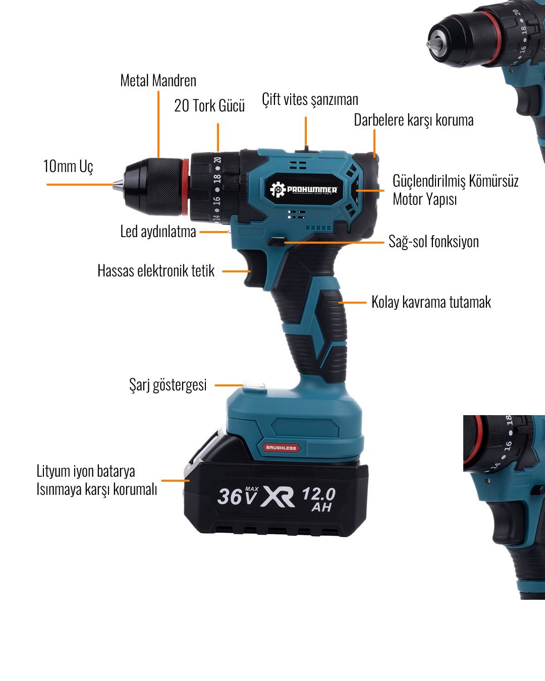 Prohummer PH297 Kömürsüz Motor 36Vf 5ah Metal Mandren Vidalama Matkap Seti 10p teknik özellikler