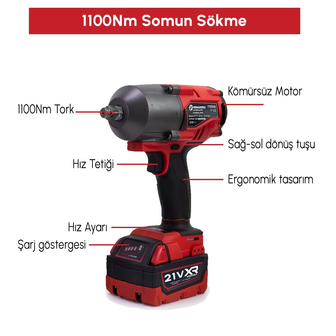 Prohummer PH303 Profesyonel Yeni Kırmızı 4lü Set Makine - 1100nm somun sökme özellikleri