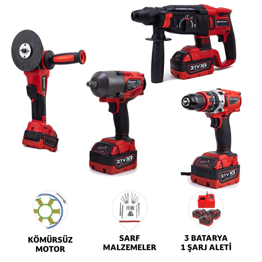 Prohummer PH303 Profesyonel Yeni Kırmızı 4lü Set Makine -1100Nm Somun Sökme, Kırıcı Delici, 125mm Avuç Taşlama, 13mm Vidalama Matkap model ve fiyatlar