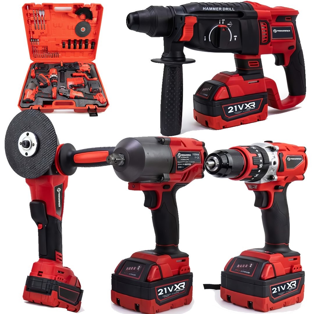 Prohummer PH303 Profesyonel Yeni Kırmızı 4lü Set Makine - Somun Sökme, Kırıcı Delici, 125mm Avuç Taşlama, 13mm Vidalama Matkap