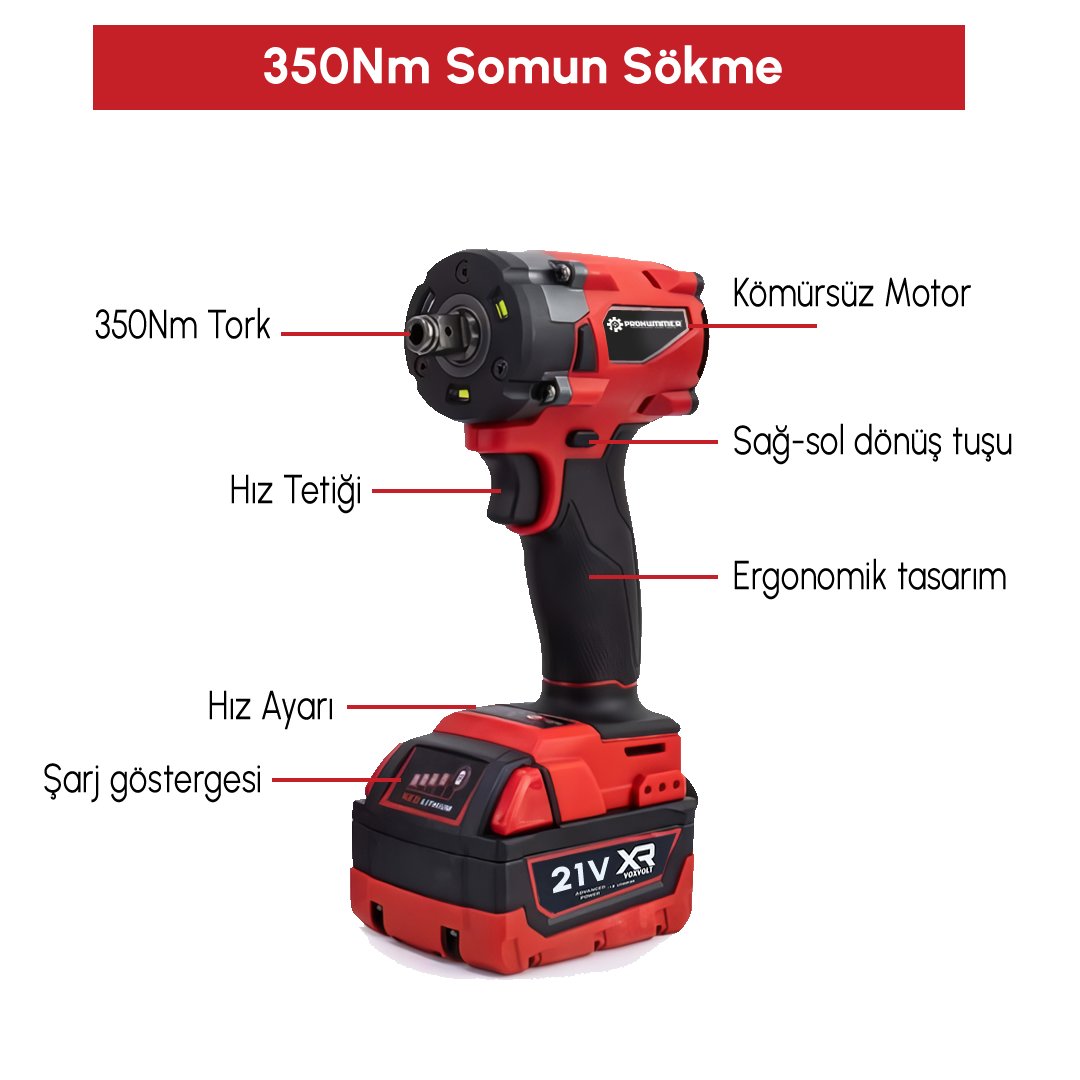 Prohummer PH304 Profesyonel Yeni Kırmızı 4lü Set Makine - 350nm somun sökme özellikleri