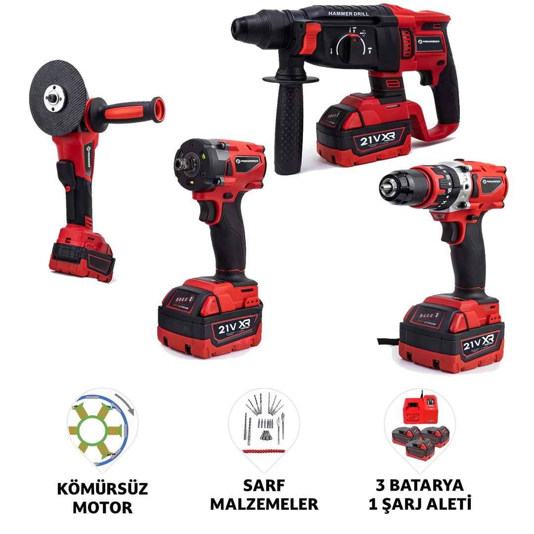 Prohummer PH304 Profesyonel Yeni Kırmızı 4lü Set Makine - 350Nm Somun Sökme, Kırıcı Delici, 125mm Avuç Taşlama, 13mm Vidalama Matkap model ve fiyatlar