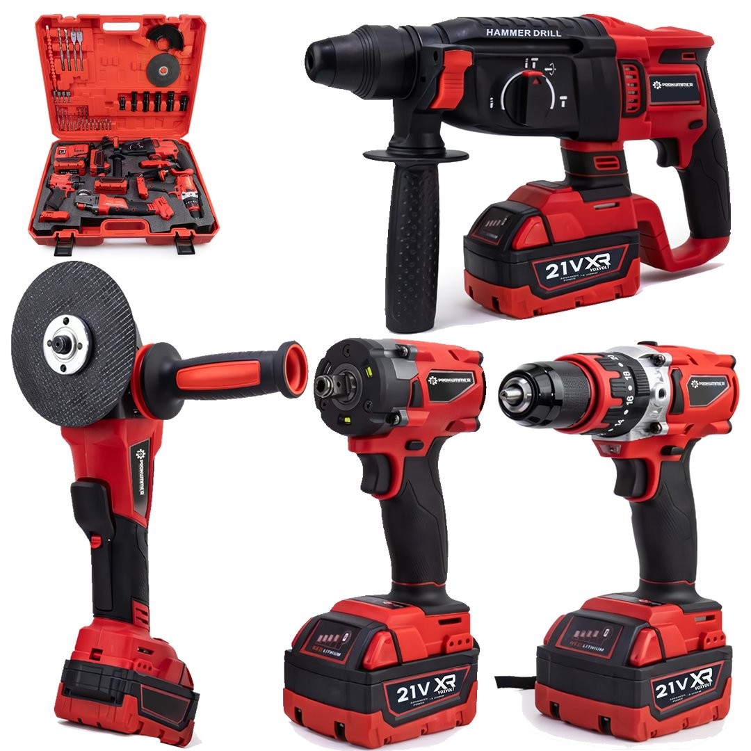 Prohummer PH304 Profesyonel Yeni Kırmızı 4lü Set Makine - 350Nm Somun Sökme, Kırıcı Delici, 125mm Avuç Taşlama, 13mm Vidalama Matkap