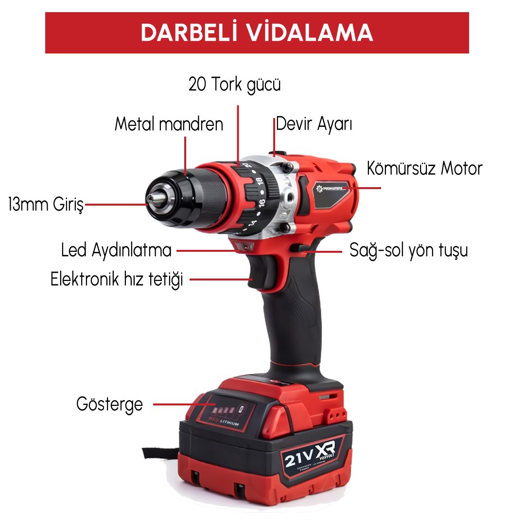 Prohummer PH304 Profesyonel Yeni Kırmızı 4lü Set Makine - vidalam matkap özellikleri