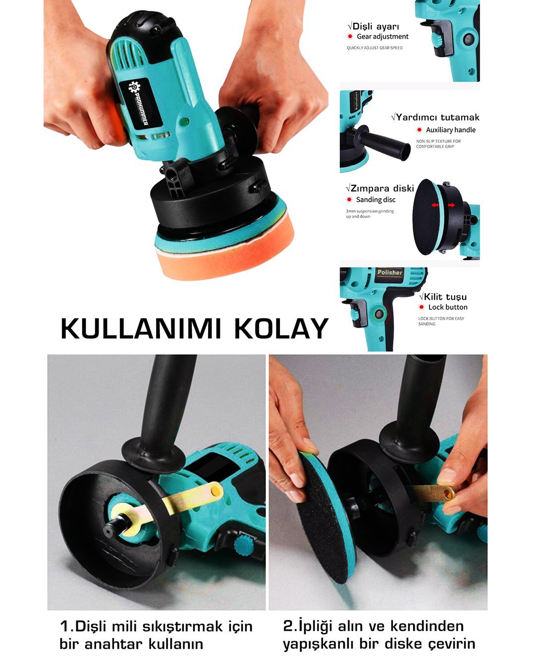 Prohummer PH324 Elektrikli 125MM Dikey Polisaj Zımpara Makinesi - Mavi özellikler
