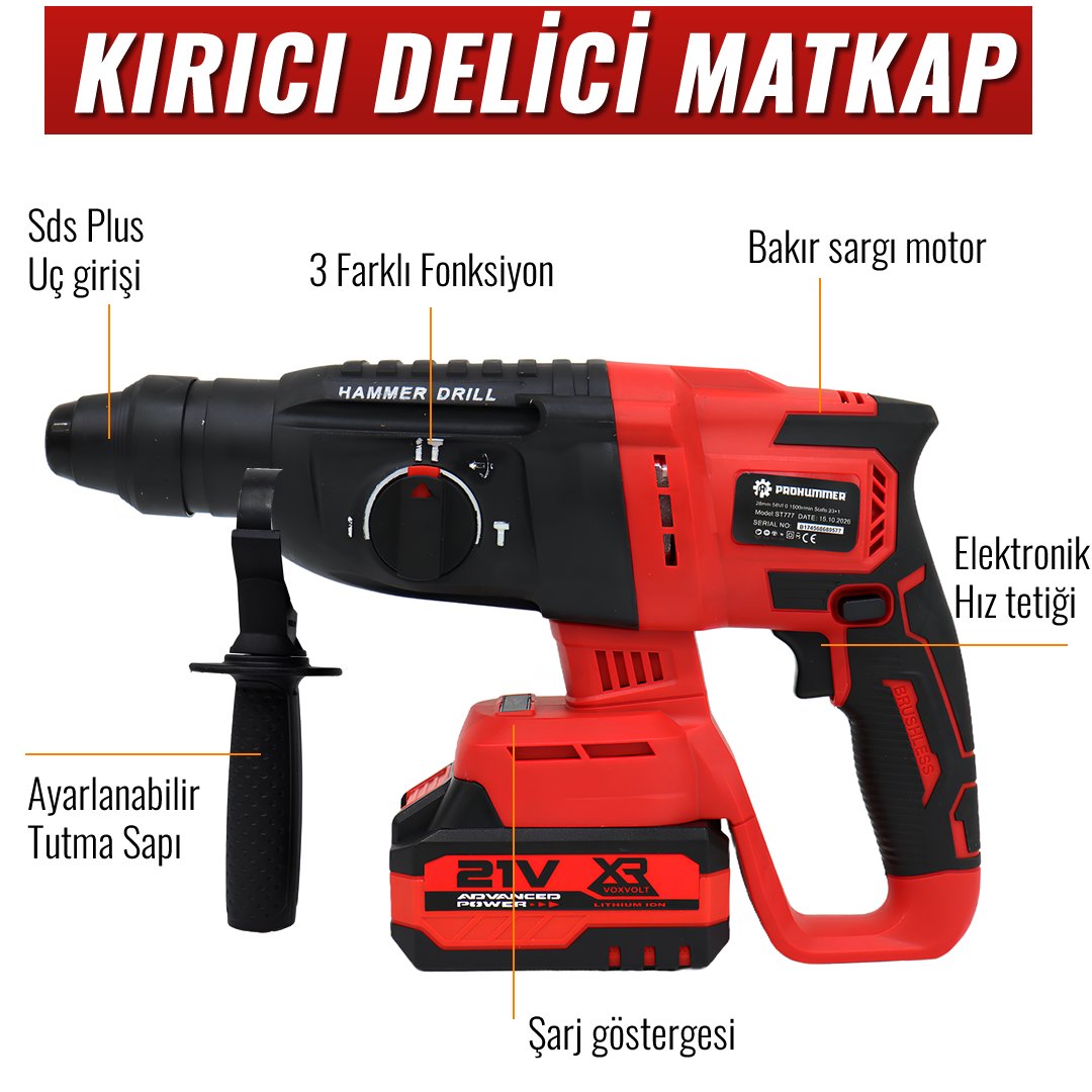 Prohummer ST777 Profesyonel Akülü Kırmızı Süper 6lı Set Makina kırıcı delici özellikleri