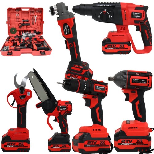 Prohummer ST777 Profesyonel Akülü Kırmızı Süper 6lı Set Makina - 21v 3ah 125mm Avuç Taşlama, Sds Plus Kırıcı Delici, Somun Sıkma Sökme, Vidalama Matkap, Budama Testere, Budama Makası