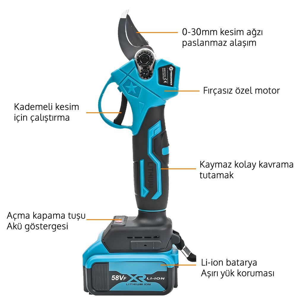 Prohummer PH332 Kömürsüz Akülü Dal Budama Makası 30mm 58Vf Özellikleri